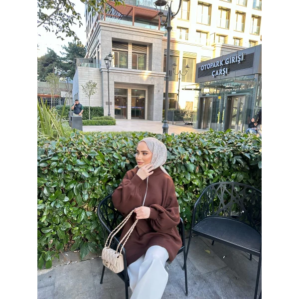 Fermuarlı Sweat Model Triko Kazak - Acı Kahve