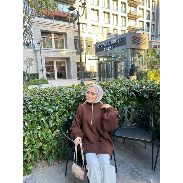 Fermuarlı Sweat Model Triko Kazak - Acı Kahve