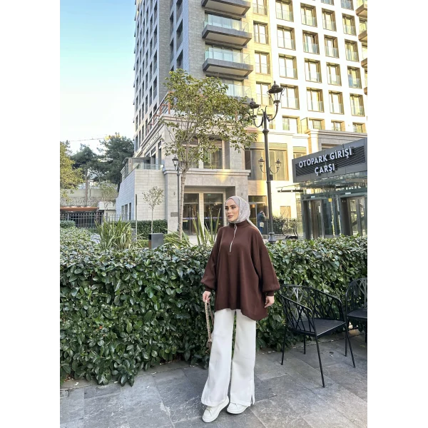 Fermuarlı Sweat Model Triko Kazak - Acı Kahve