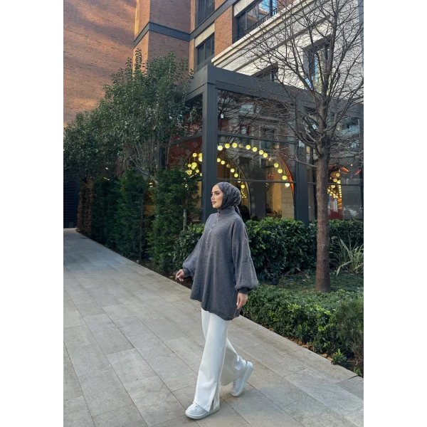 Fermuarlı Sweat Model Triko Kazak - Gri