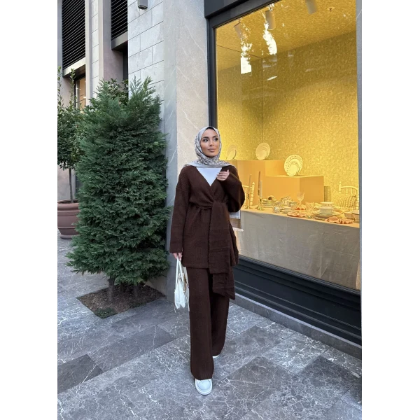 Fireya Bağlamalı Triko Takım - Acı Kahve