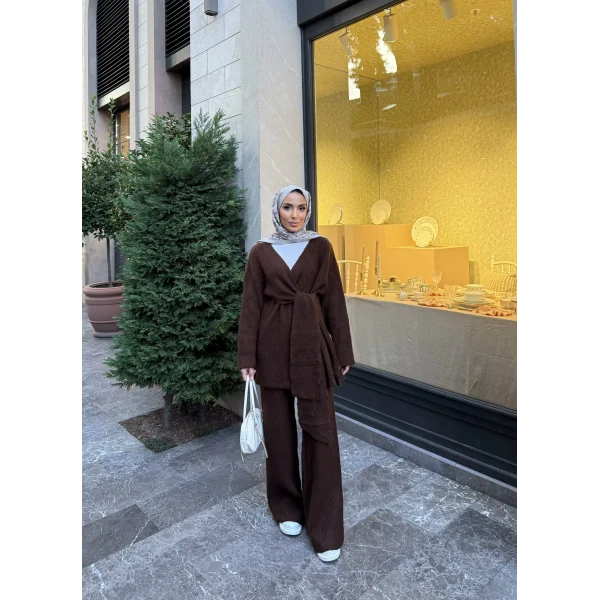 Fireya Bağlamalı Triko Takım - Acı Kahve