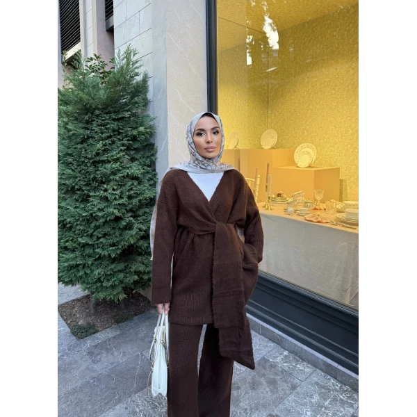 Fireya Bağlamalı Triko Takım - Acı Kahve