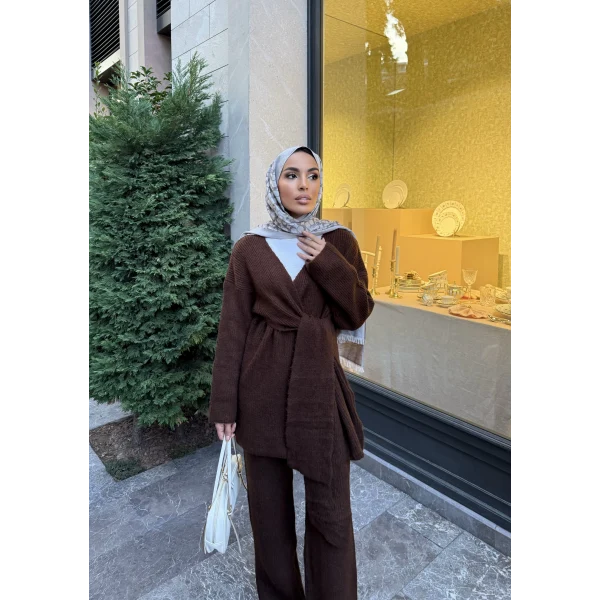 Fireya Bağlamalı Triko Takım - Acı Kahve