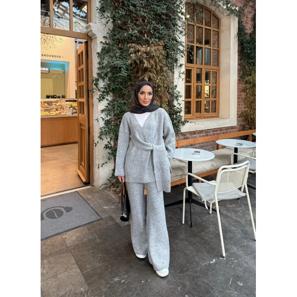 Fireya Bağlamalı Triko Takım - Gri