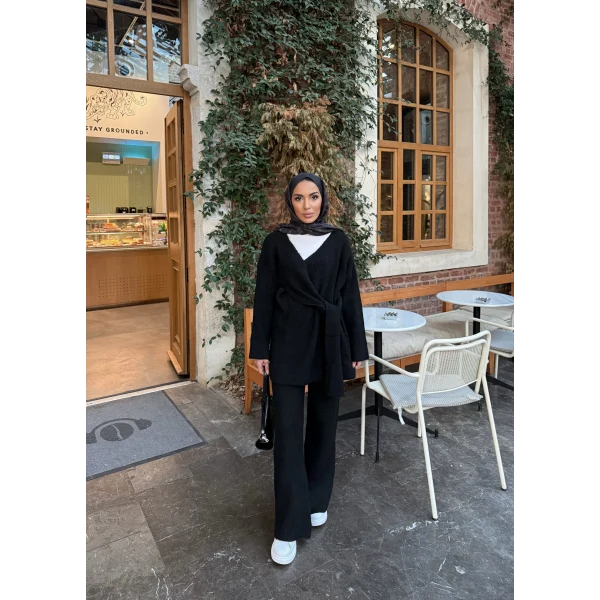 Fireya Bağlamalı Triko Takım - Siyah