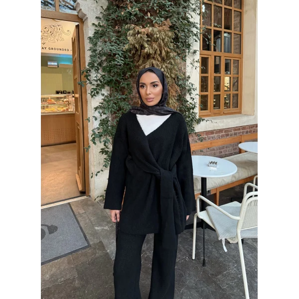 Fireya Bağlamalı Triko Takım - Siyah