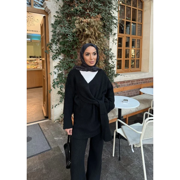 Fireya Bağlamalı Triko Takım - Siyah