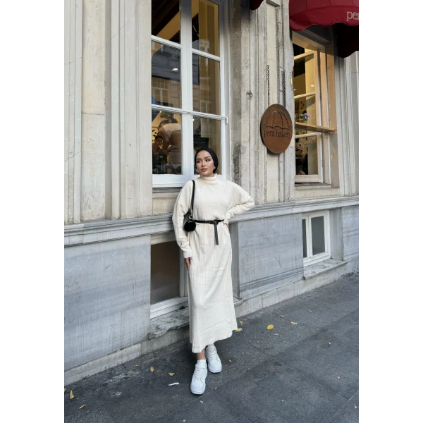 Fitilli Triko Elbise - Bej