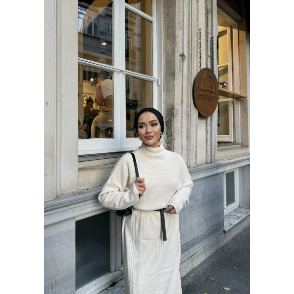 Fitilli Triko Elbise - Bej