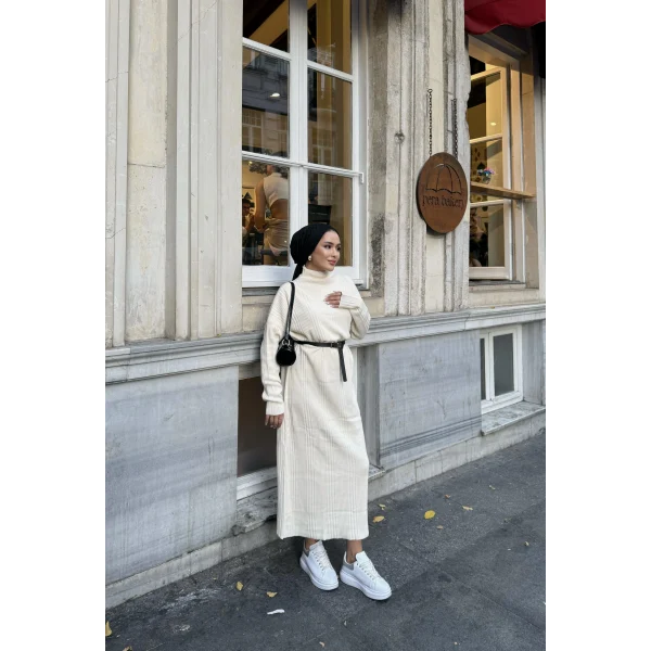 Fitilli Triko Elbise - Bej