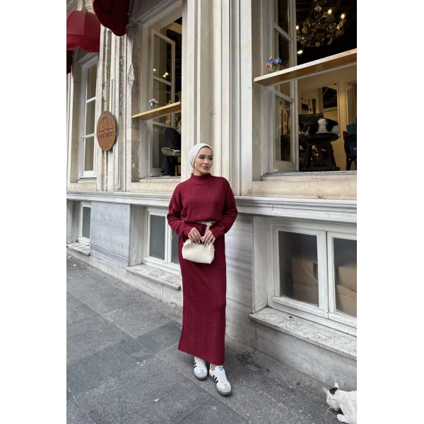 Fitilli Triko Elbise - Bordo