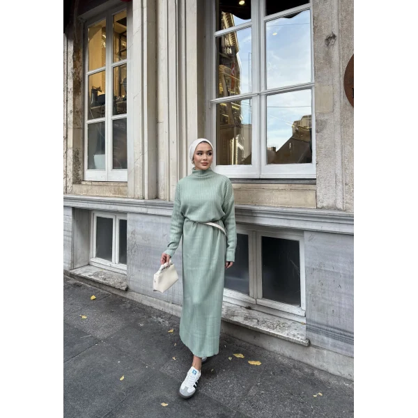 Fitilli Triko Elbise - Çağla