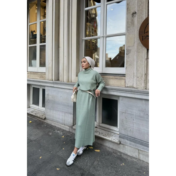 Fitilli Triko Elbise - Çağla