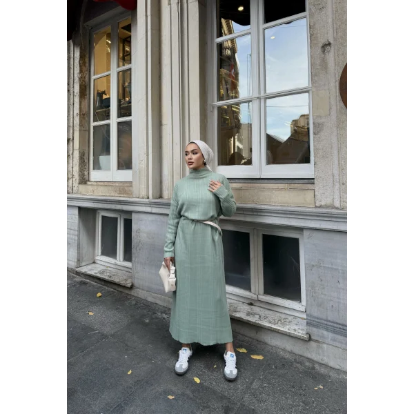 Fitilli Triko Elbise - Çağla