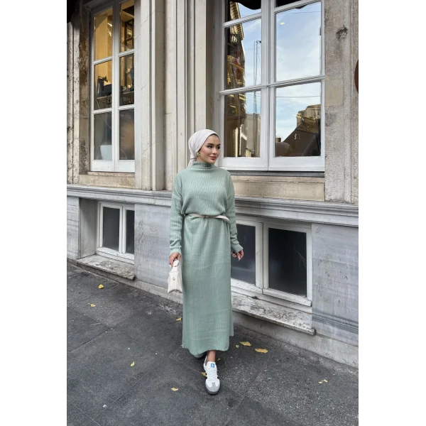 Fitilli Triko Elbise - Çağla