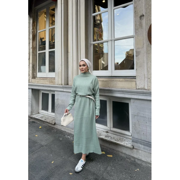 Fitilli Triko Elbise - Çağla