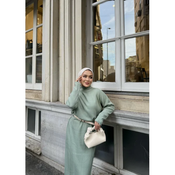 Fitilli Triko Elbise - Çağla