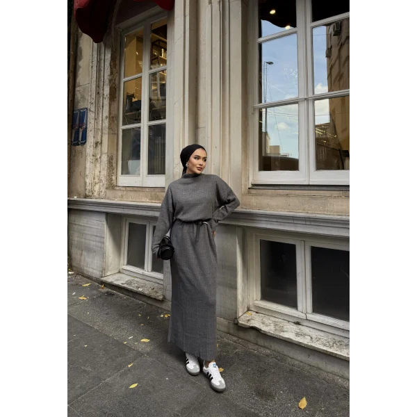 Fitilli Triko Elbise - Füme