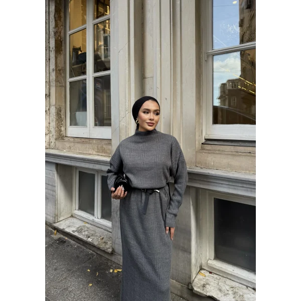 Fitilli Triko Elbise - Füme