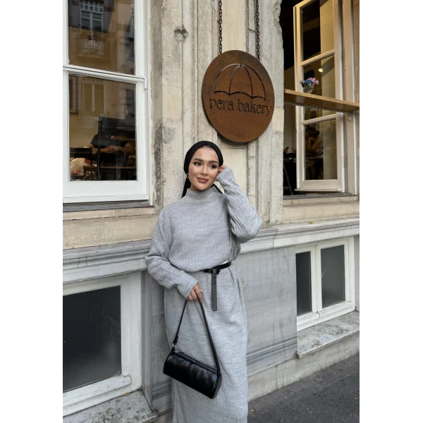 Fitilli Triko Elbise - Gri