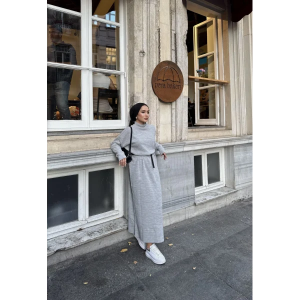Fitilli Triko Elbise - Gri