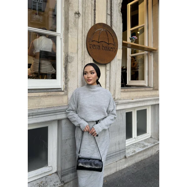 Fitilli Triko Elbise - Gri