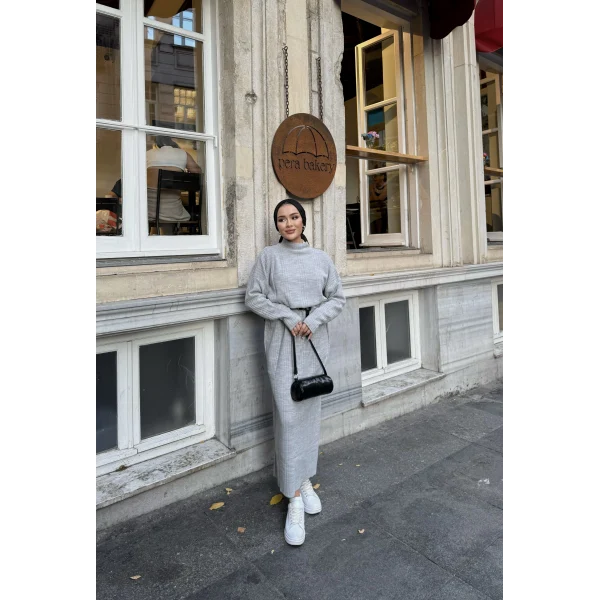 Fitilli Triko Elbise - Gri