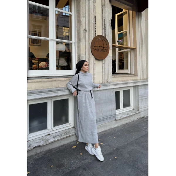 Fitilli Triko Elbise - Gri