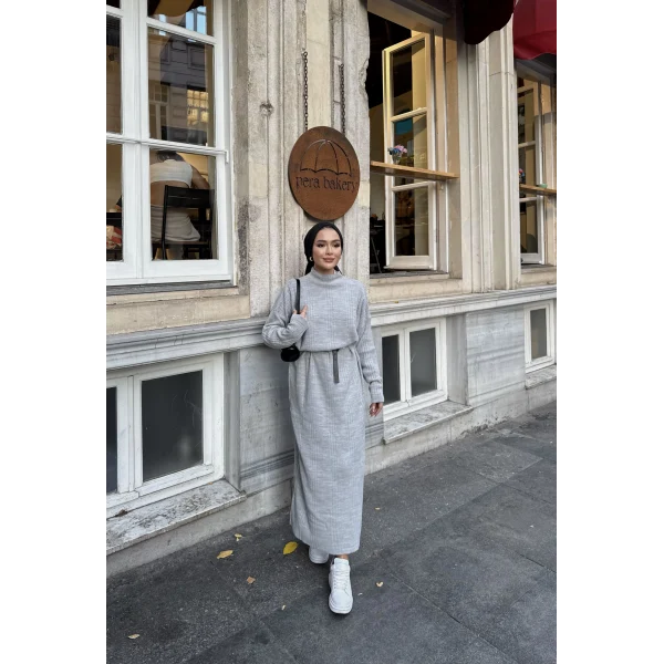 Fitilli Triko Elbise - Gri