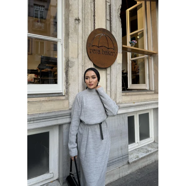 Fitilli Triko Elbise - Gri