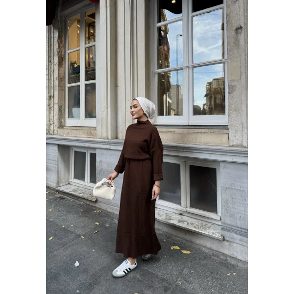 Fitilli Triko Elbise - Kahve