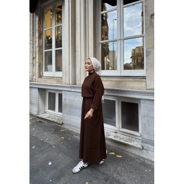 Fitilli Triko Elbise - Kahve