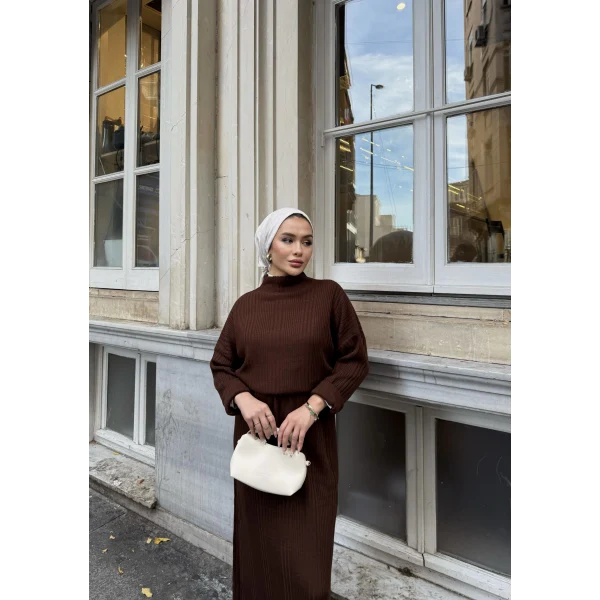 Fitilli Triko Elbise - Kahve