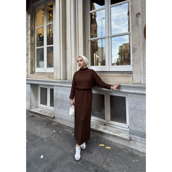 Fitilli Triko Elbise - Kahve