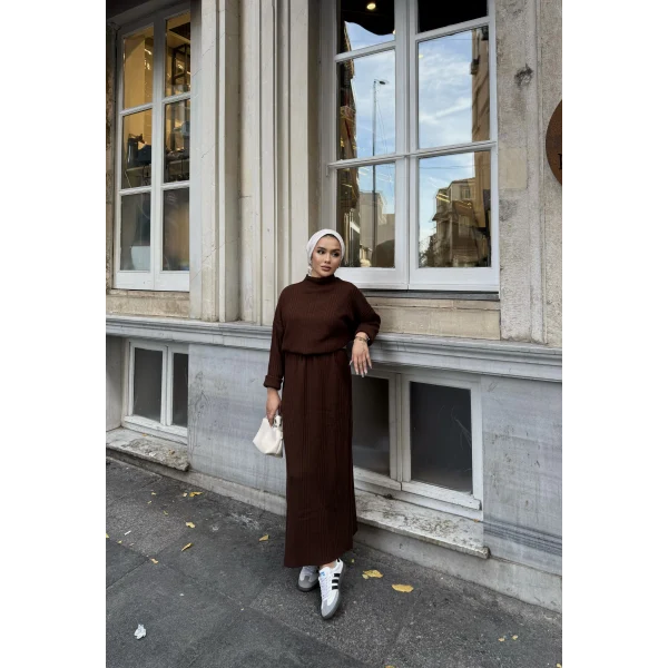 Fitilli Triko Elbise - Kahve