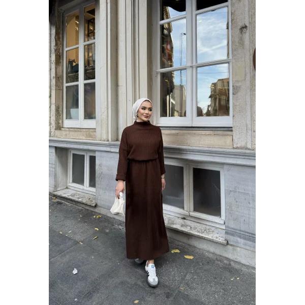 Fitilli Triko Elbise - Kahve