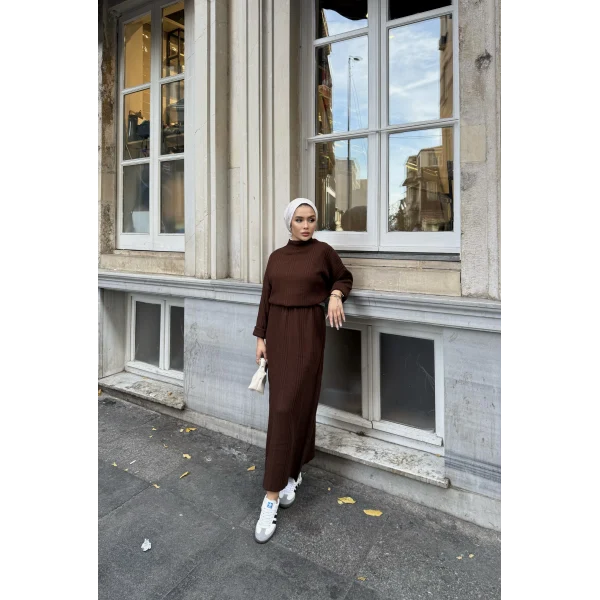 Fitilli Triko Elbise - Kahve