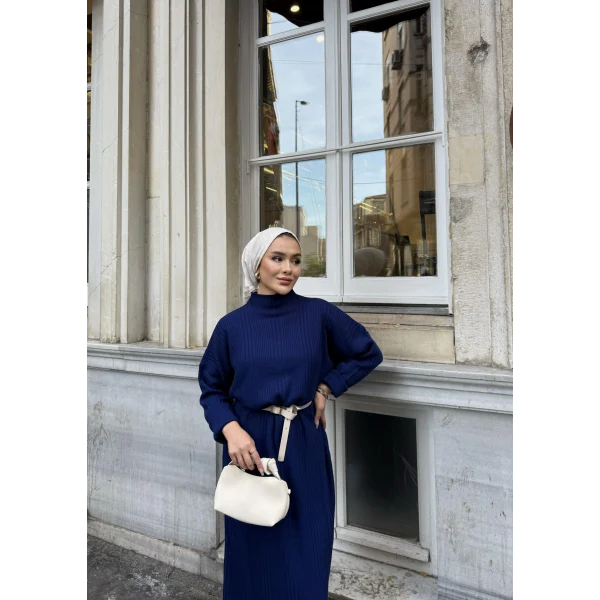 Fitilli Triko Elbise - Lacivert