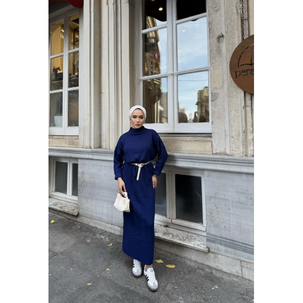 Fitilli Triko Elbise - Lacivert