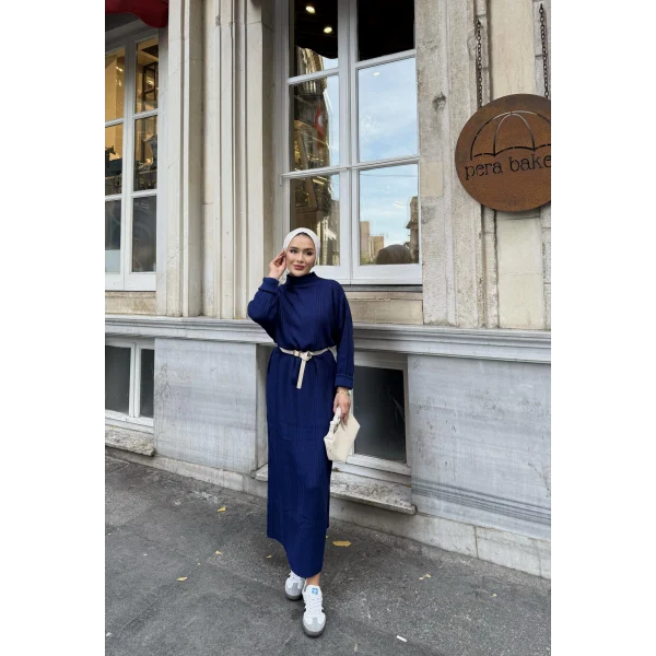 Fitilli Triko Elbise - Lacivert