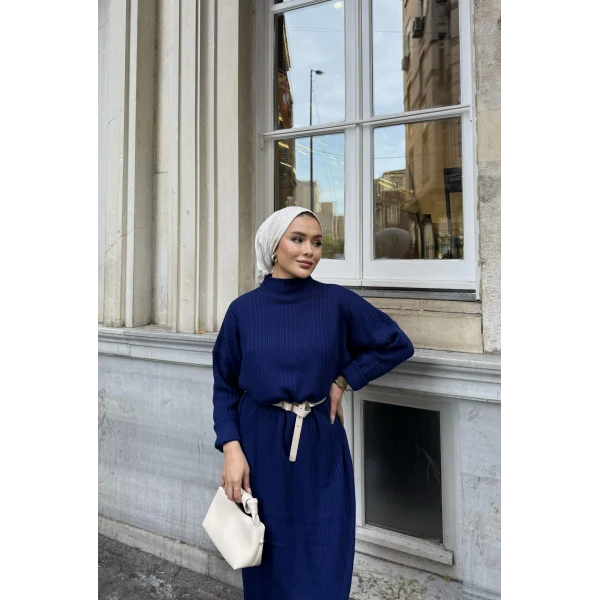 Fitilli Triko Elbise - Lacivert