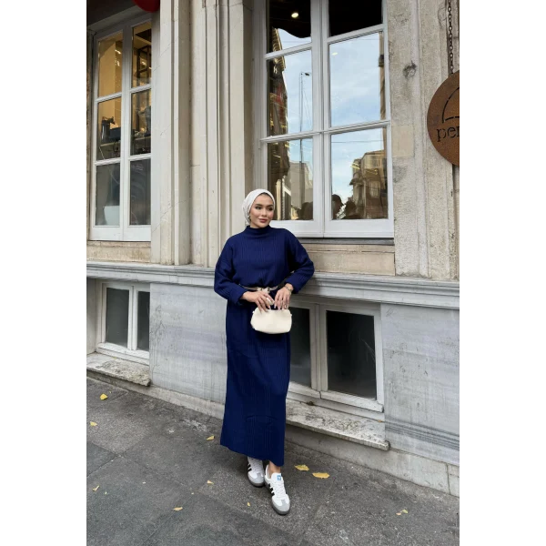 Fitilli Triko Elbise - Lacivert