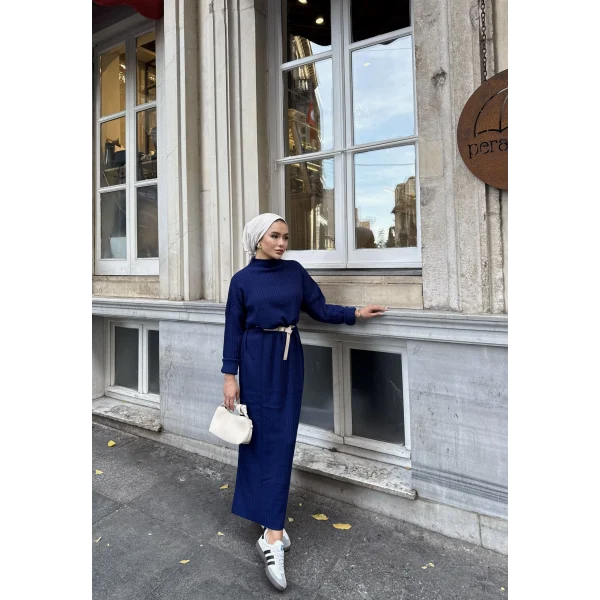 Fitilli Triko Elbise - Lacivert