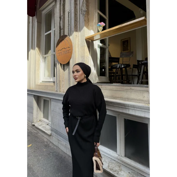 Fitilli Triko Elbise - Siyah