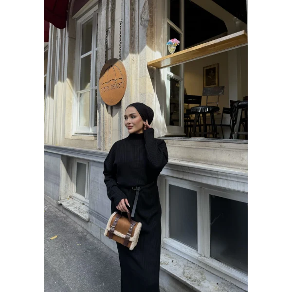 Fitilli Triko Elbise - Siyah