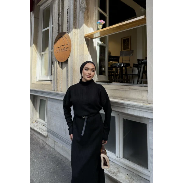 Fitilli Triko Elbise - Siyah