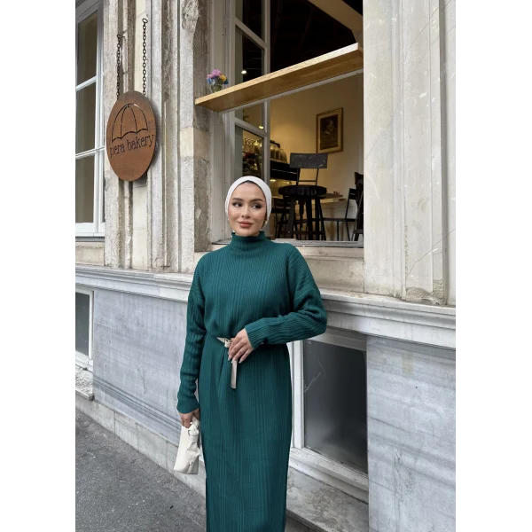 Fitilli Triko Elbise - Zümrüt Yeşili