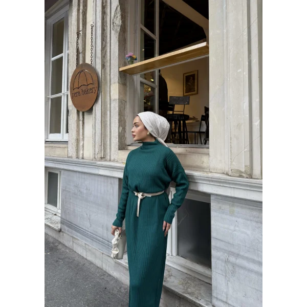 Fitilli Triko Elbise - Zümrüt Yeşili