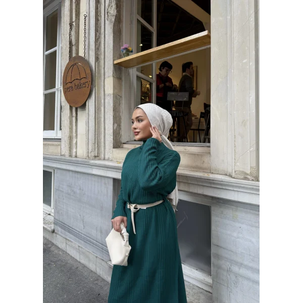 Fitilli Triko Elbise - Zümrüt Yeşili